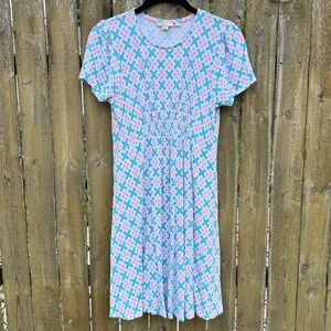 Boden Short Sleeve Jersey Floral Patterned Dress in Blue and Pink Sz 2P
